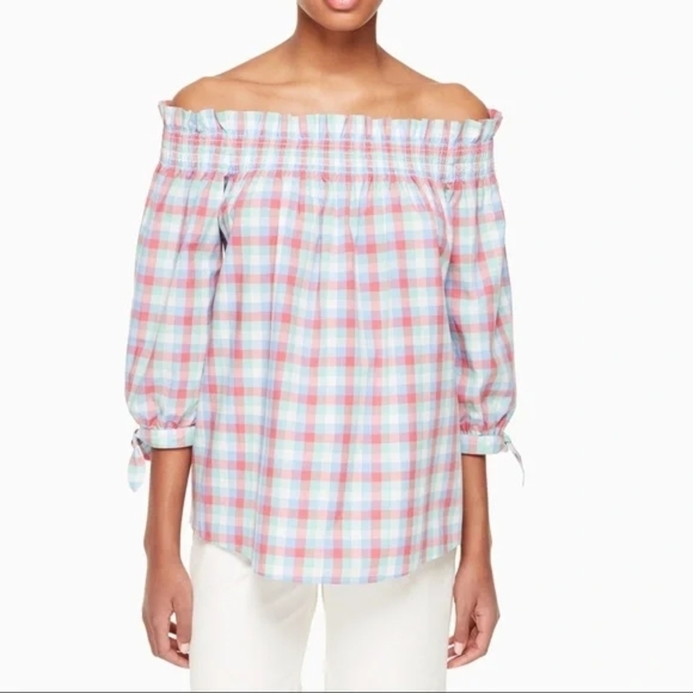 Kate Spade Nwot Madras Plaid Off Shoulder Cotton Top Broome St Size M